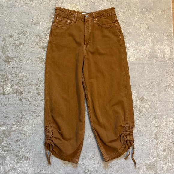 Zara Women’s Brown High Waisted Wide-Leg Cropped Pants W/Drawstring Hem Size 2 - Picture 6 of 13